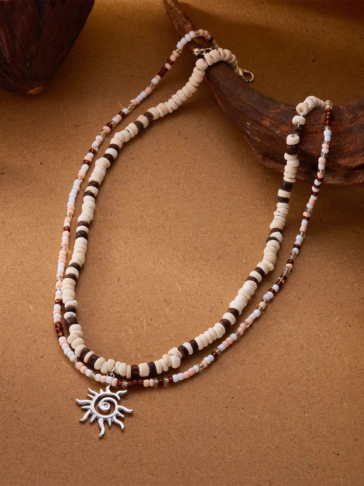 White & Brown Beaded Sun Pendant Layered Necklace - Image 3