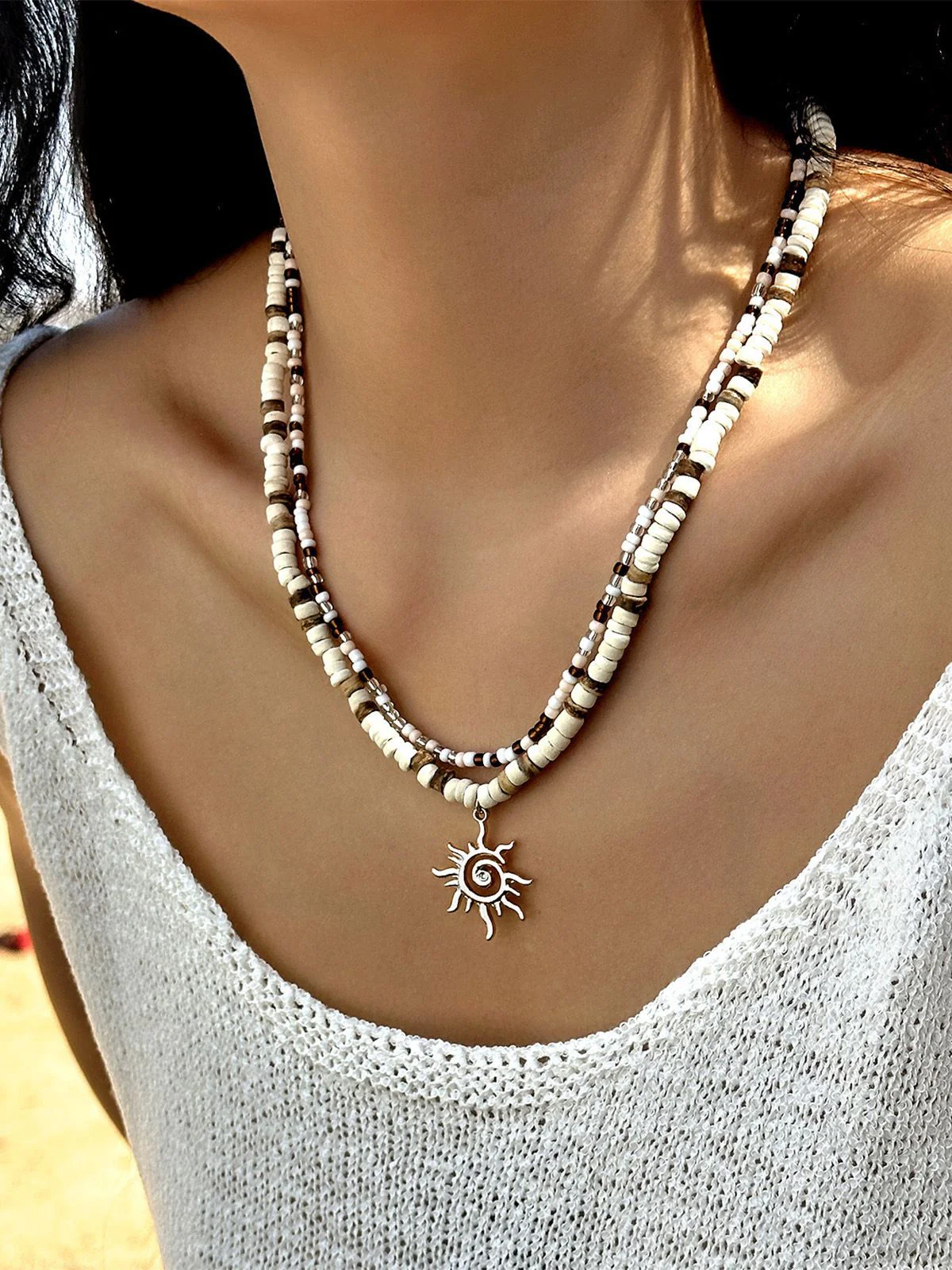 White & Brown Beaded Sun Pendant Layered Necklace - Image 4