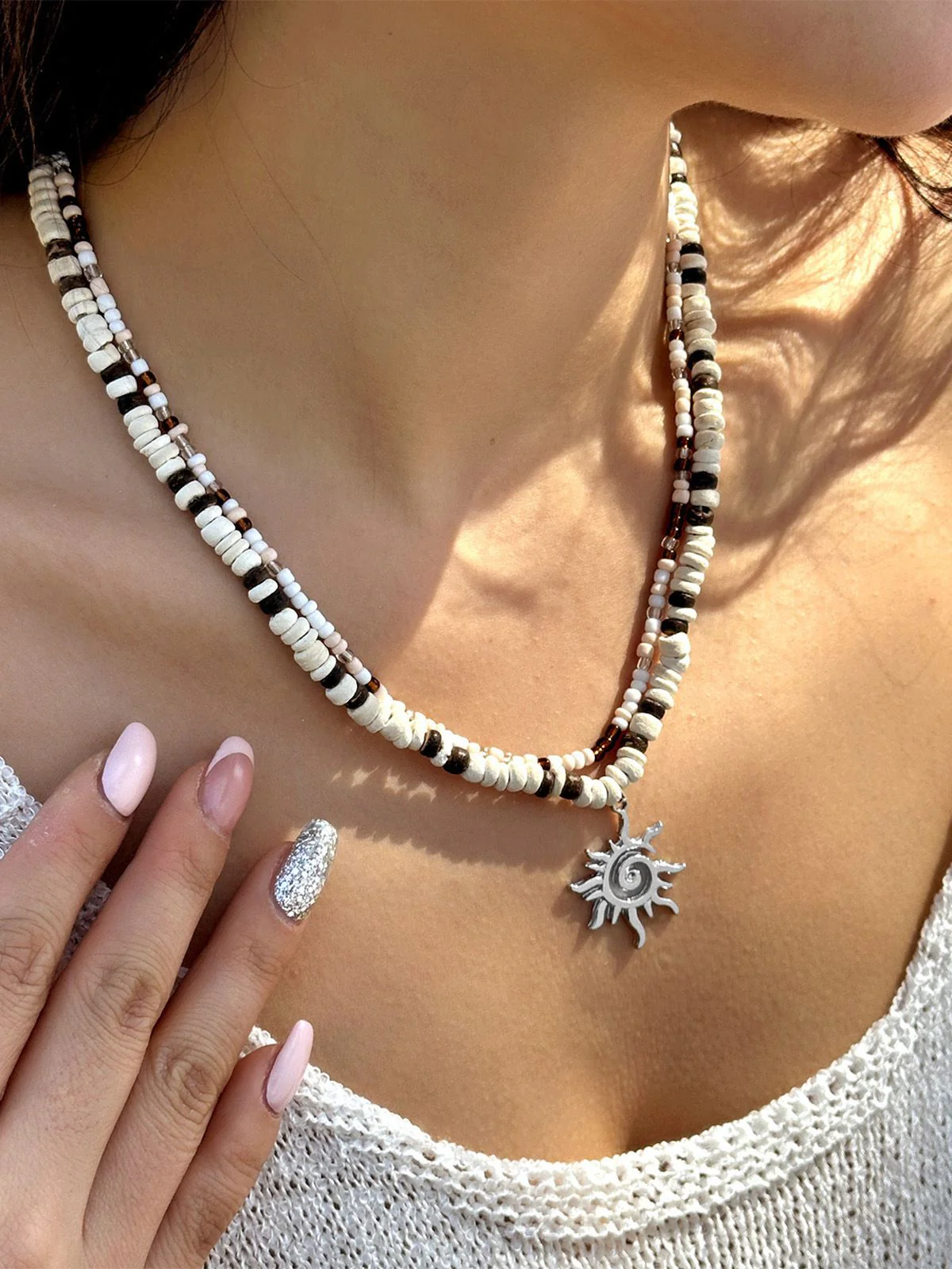 White & Brown Beaded Sun Pendant Layered Necklace - Image 5
