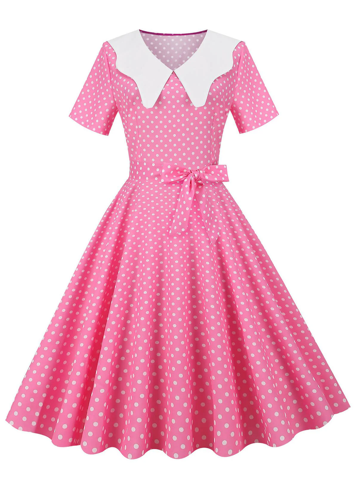 White Collar Polka Dot Swing Dress With Belt - Image 2