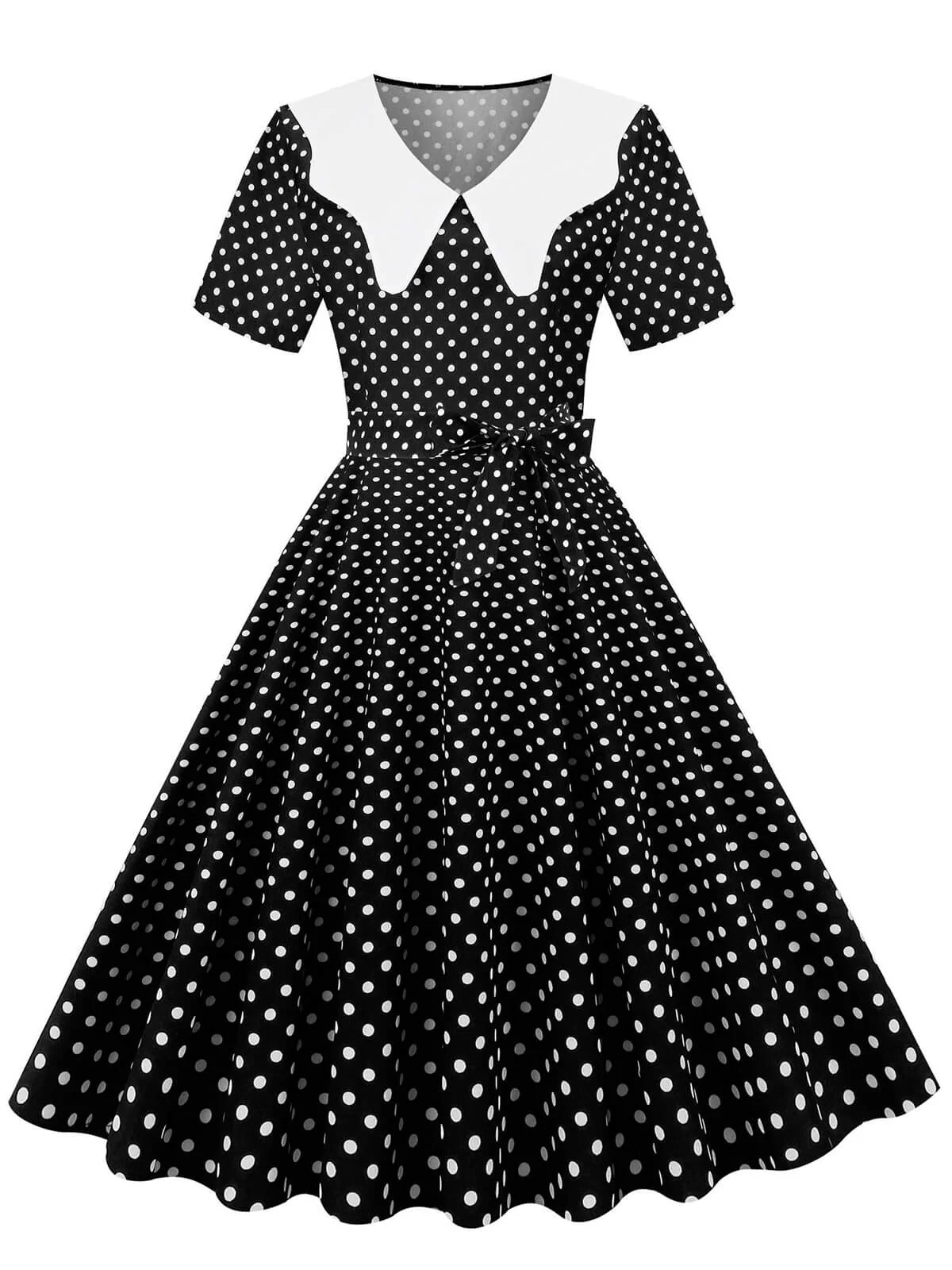 White Collar Polka Dot Swing Dress With Belt - Image 3
