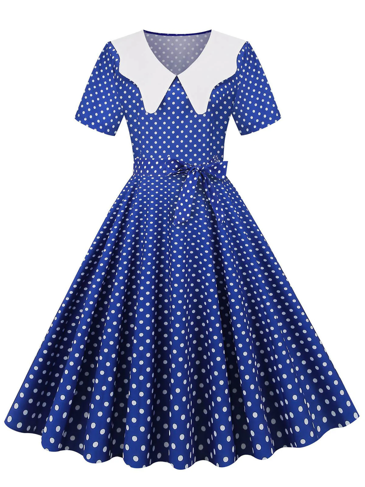 White Collar Polka Dot Swing Dress With Belt - Image 4