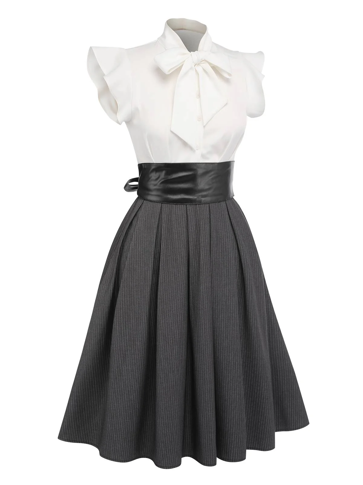 White & Gray 1950s Lace-Up Swing Dress - Image 5