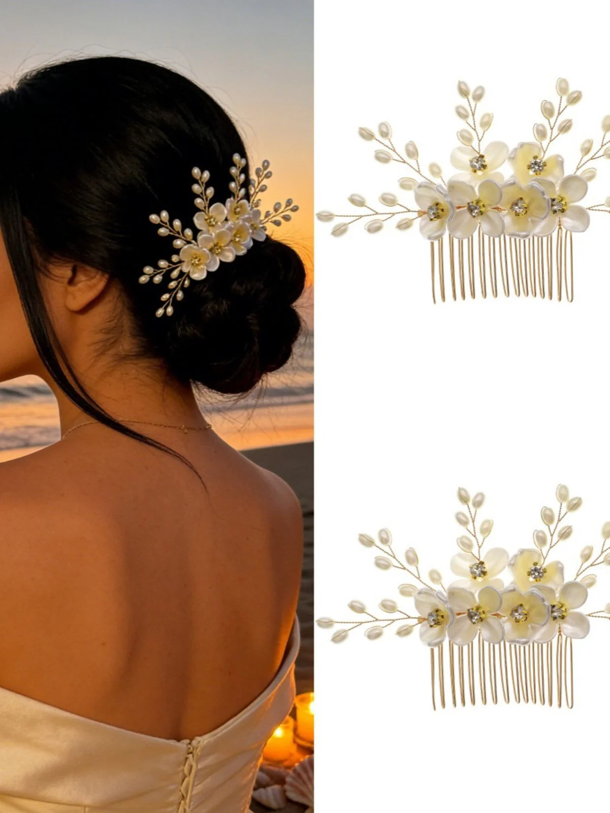 White Pearl Crystal Floral Hair Accessories - Image 2