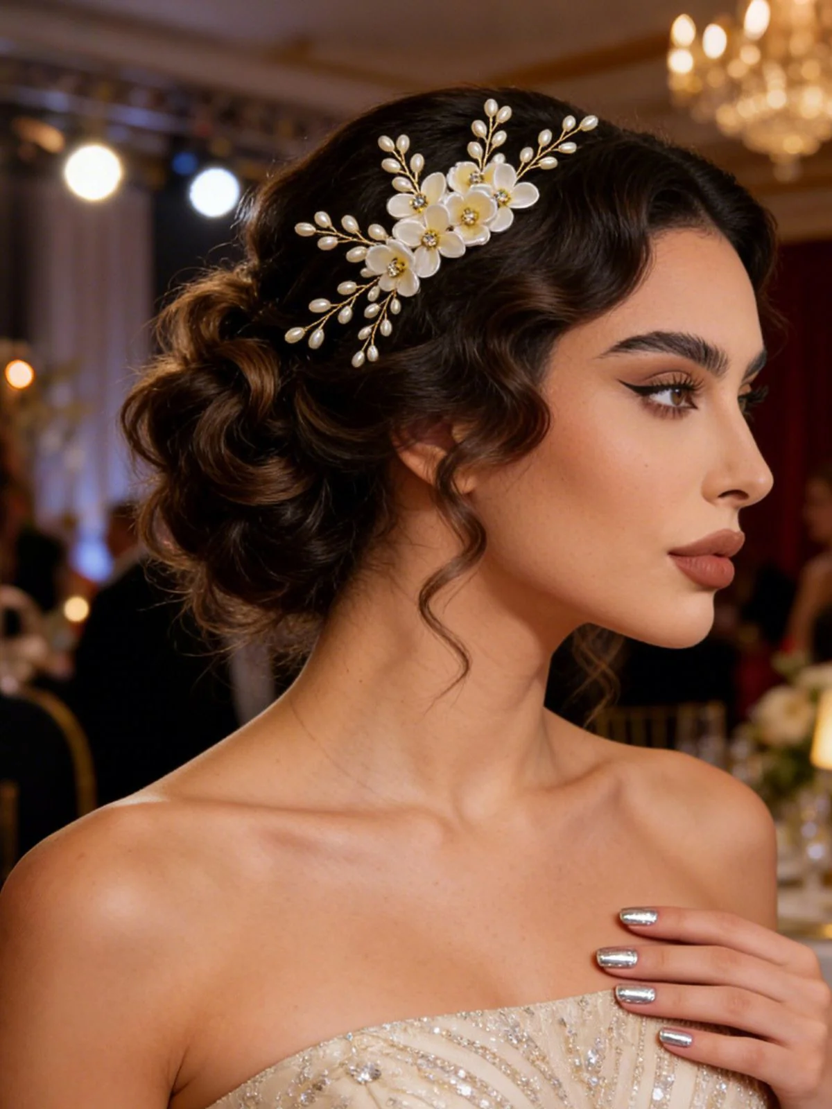 White Pearl Crystal Floral Hair Accessories - Image 4