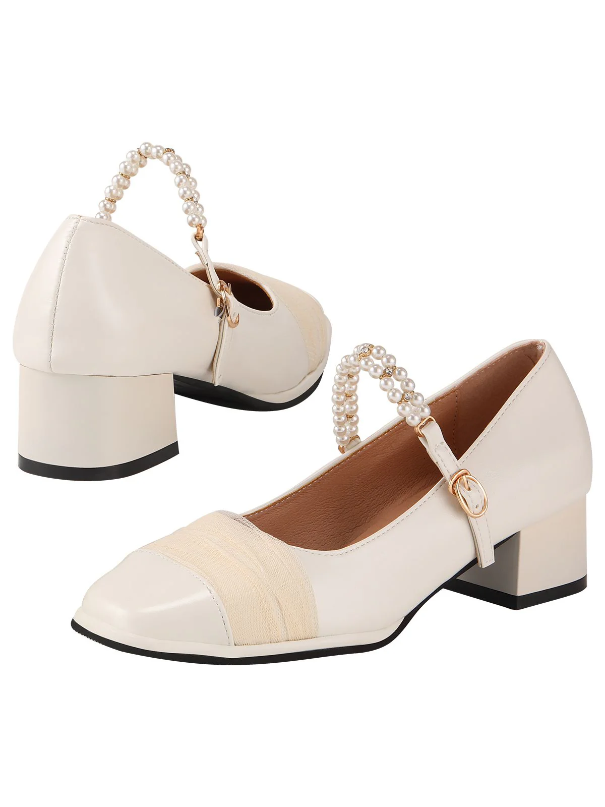 White Pearl Strap Chunky Heel Shoes - Image 2