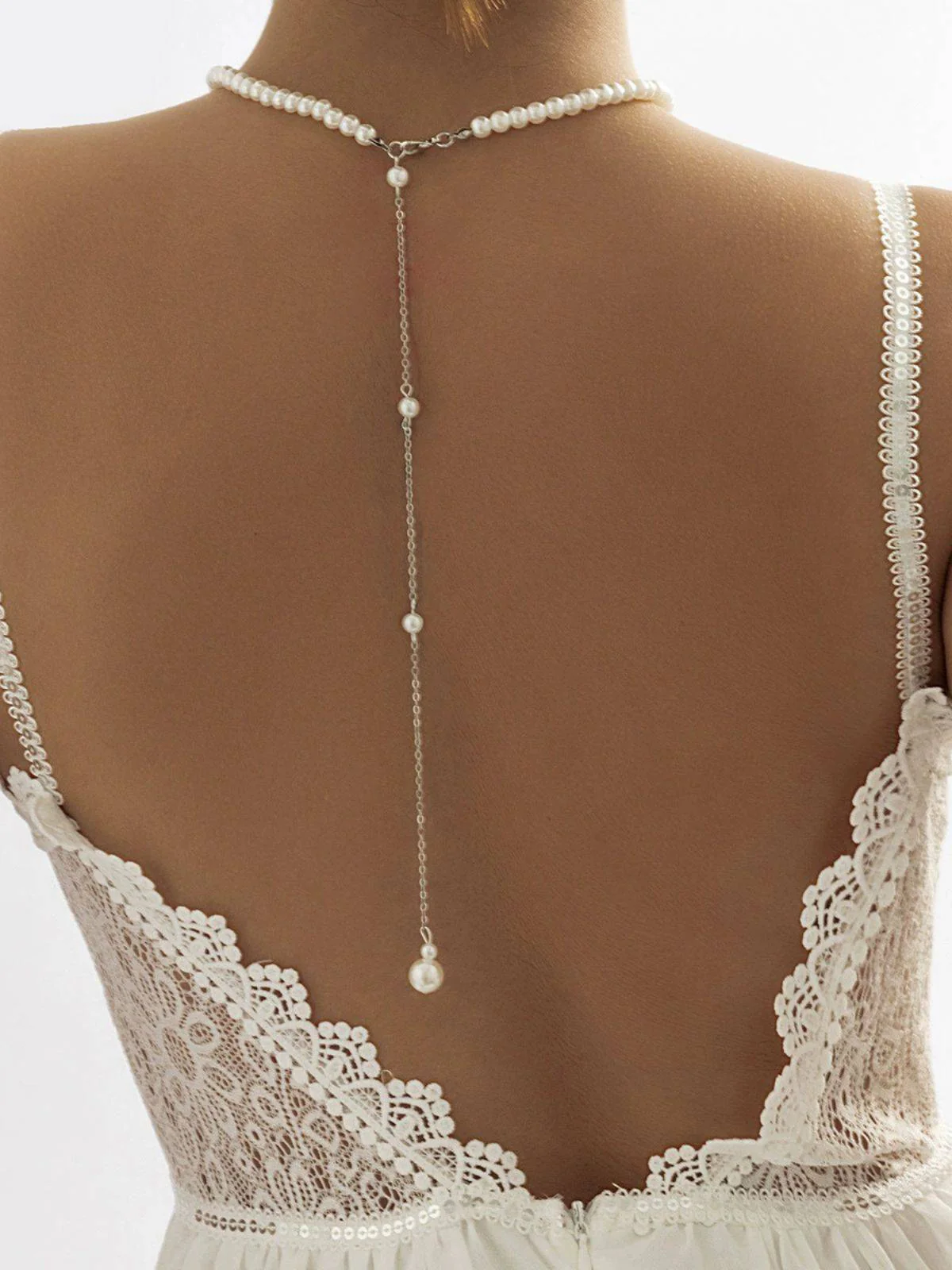 White Vintage Pearl Back Drop Chain Necklace - Image 3