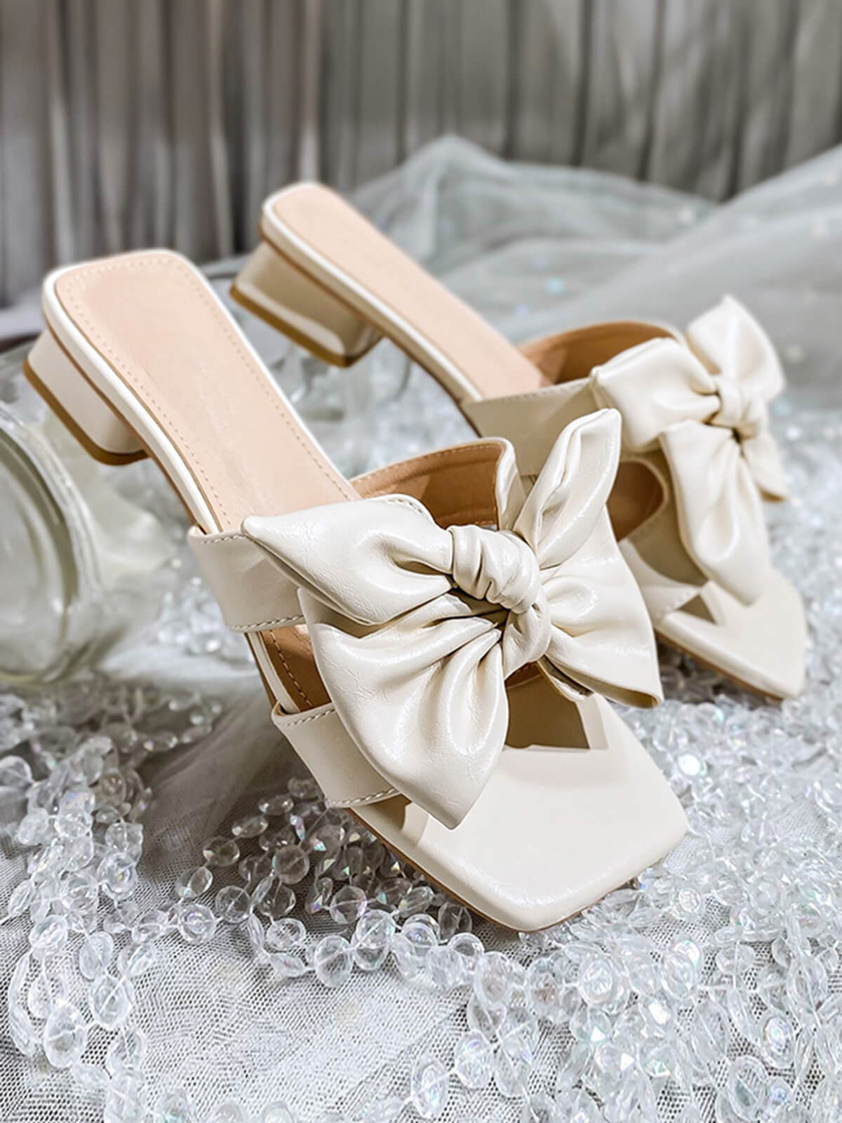 Bowknot Wedge Low Heeled PU Leather Slippers - Image 2