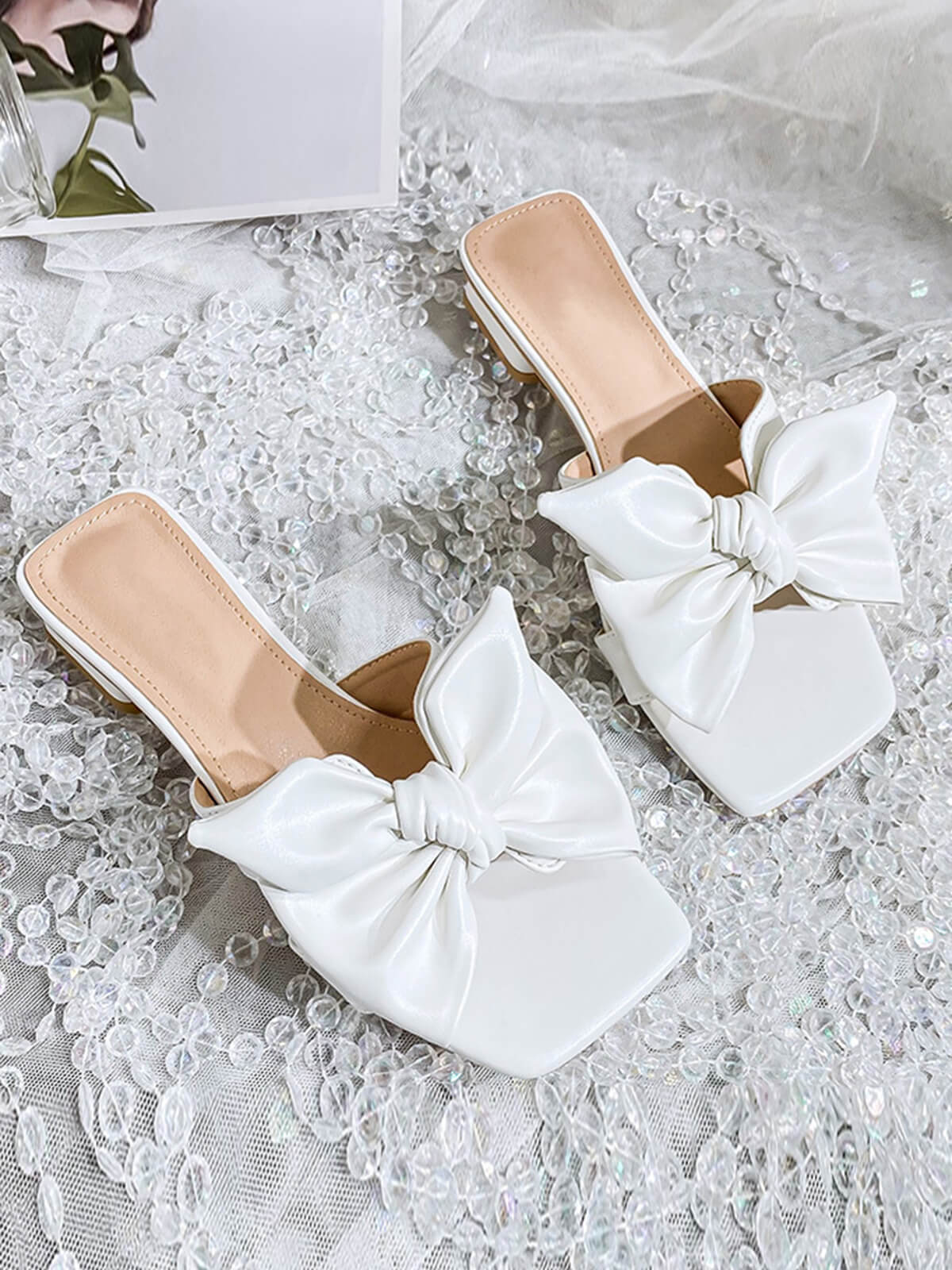 Bowknot Wedge Low Heeled PU Leather Slippers - Image 3