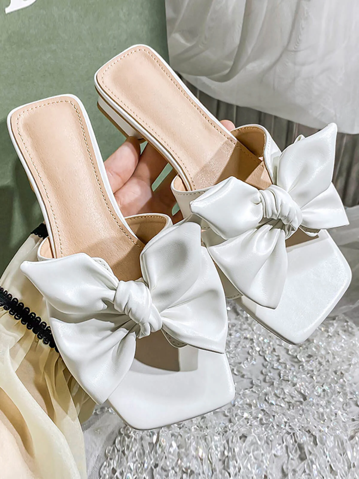 Bowknot Wedge Low Heeled PU Leather Slippers - Image 4