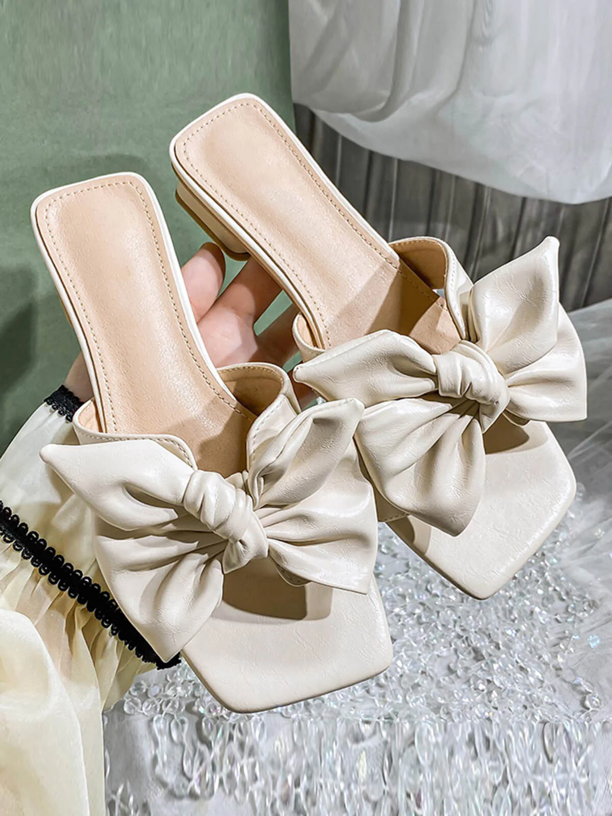 Bowknot Wedge Low Heeled PU Leather Slippers - Image 5