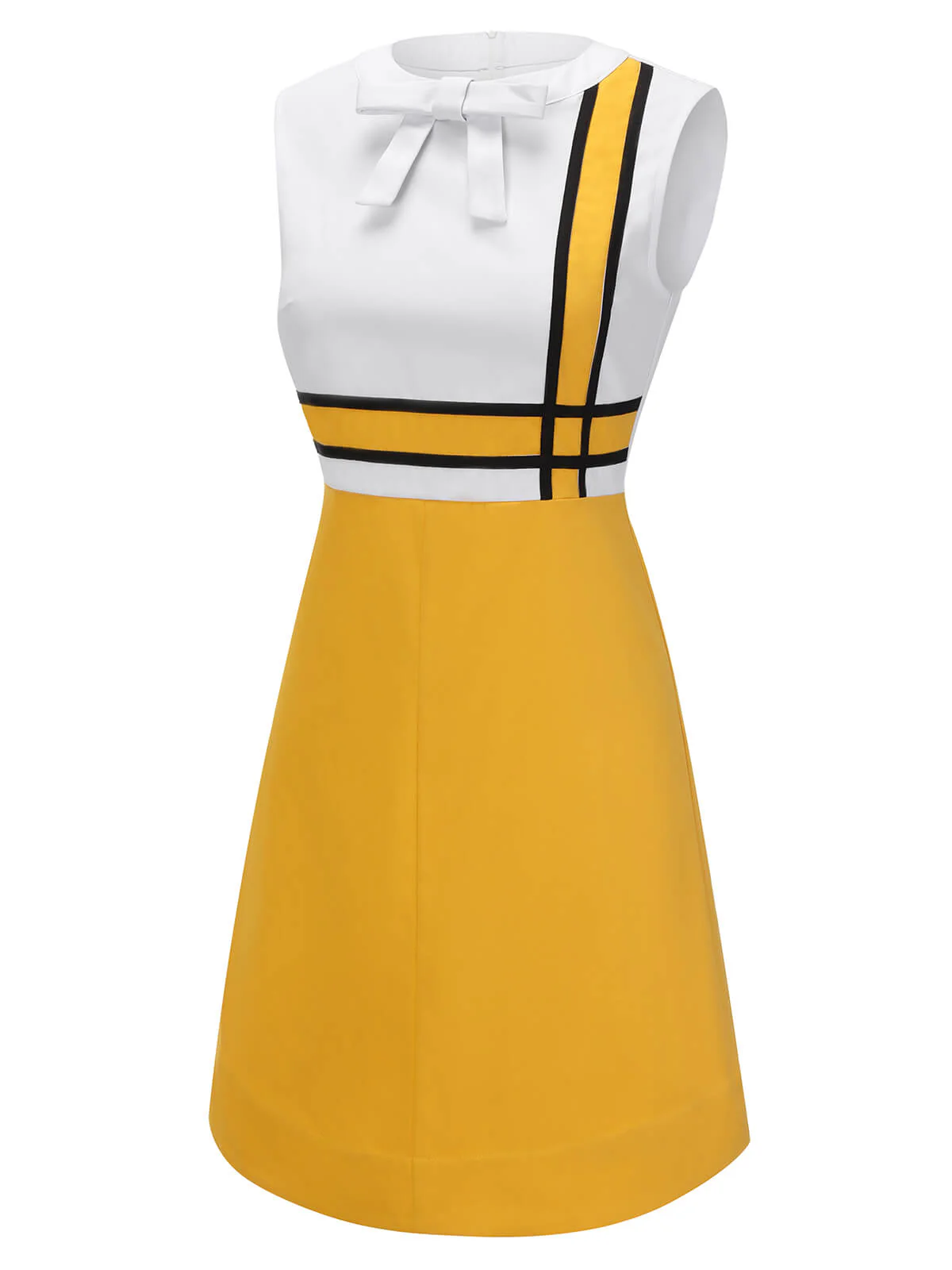 White & Yellow 1960s Bowknot Patchwork Dress - Image 3