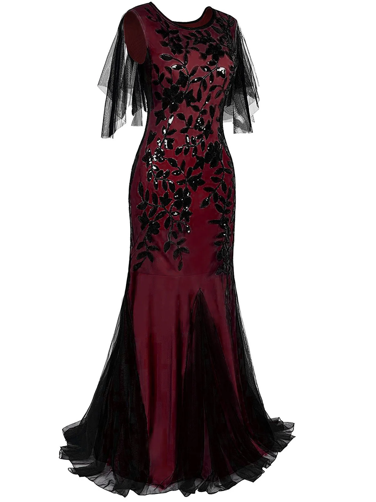 Wine Red 1920s Sequin Maxi Gowns Dress - Image 2