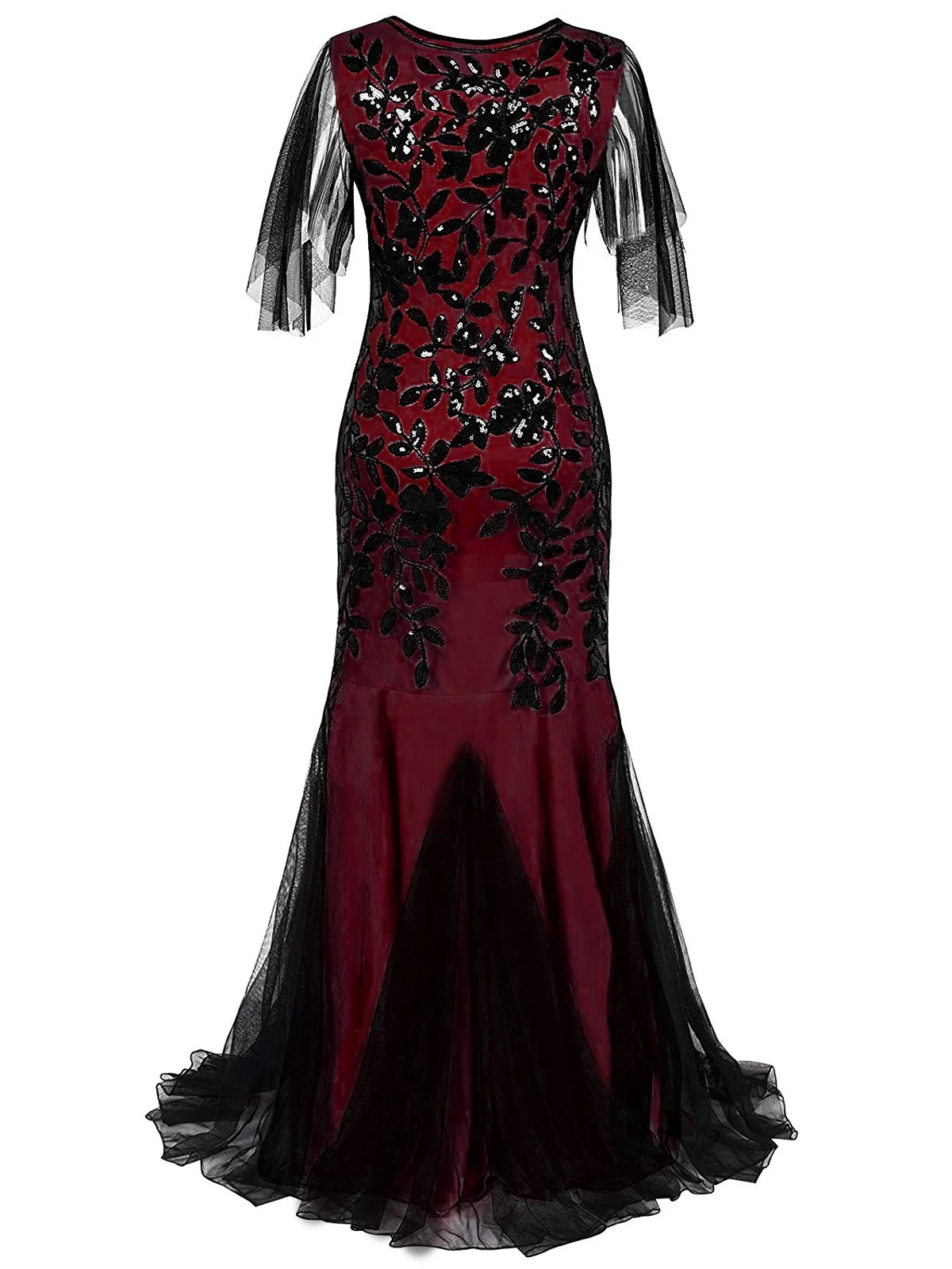 Wine Red 1920s Sequin Maxi Gowns Dress - Image 3