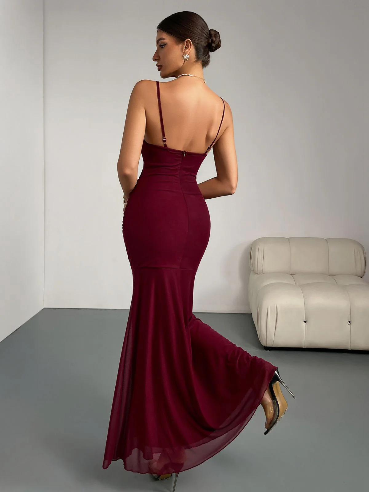 Wine Red 1930s 3D Floral Ruched Fishtail Dress - Image 2