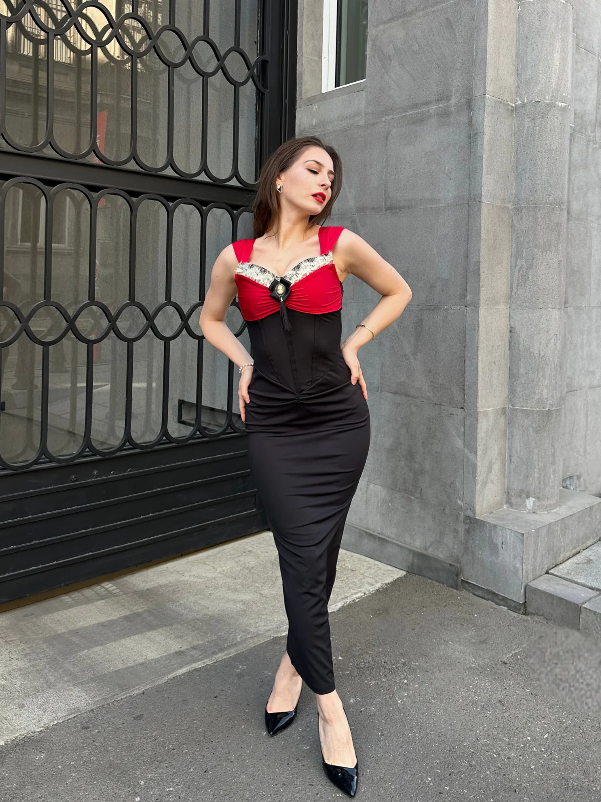 Wine Red 1930s Contrast Fishbone Mermaid Dress - Image 2