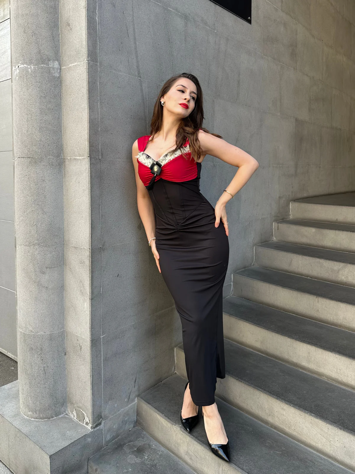 Wine Red 1930s Contrast Fishbone Mermaid Dress - Image 3