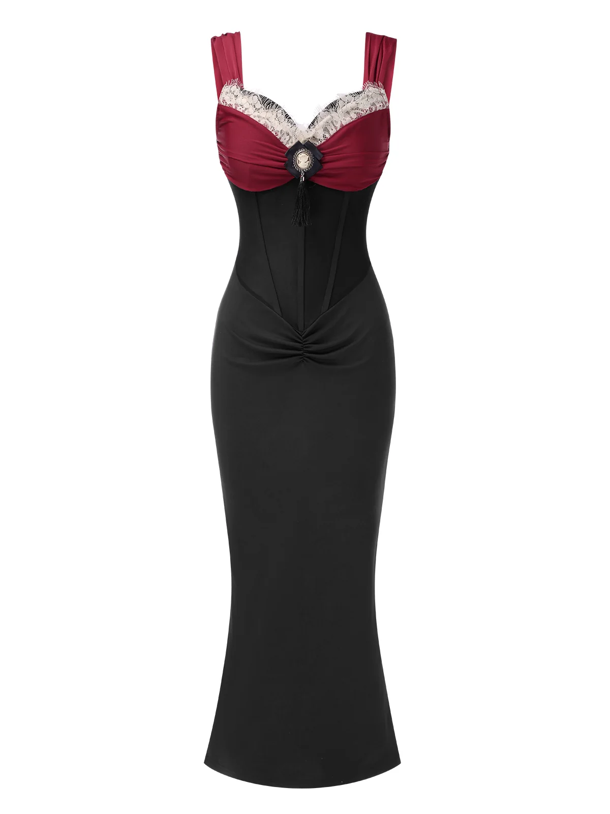Wine Red 1930s Contrast Fishbone Mermaid Dress - Image 4