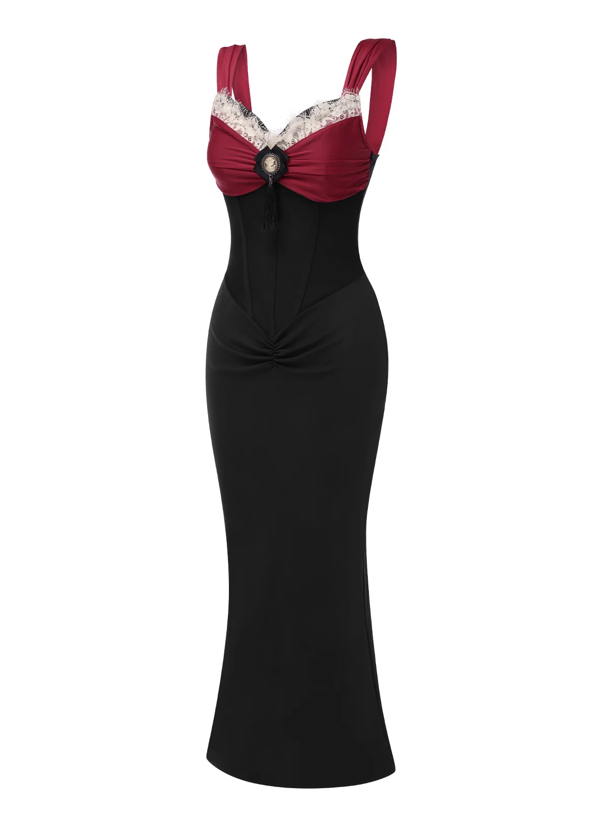 Wine Red 1930s Contrast Fishbone Mermaid Dress - Image 5