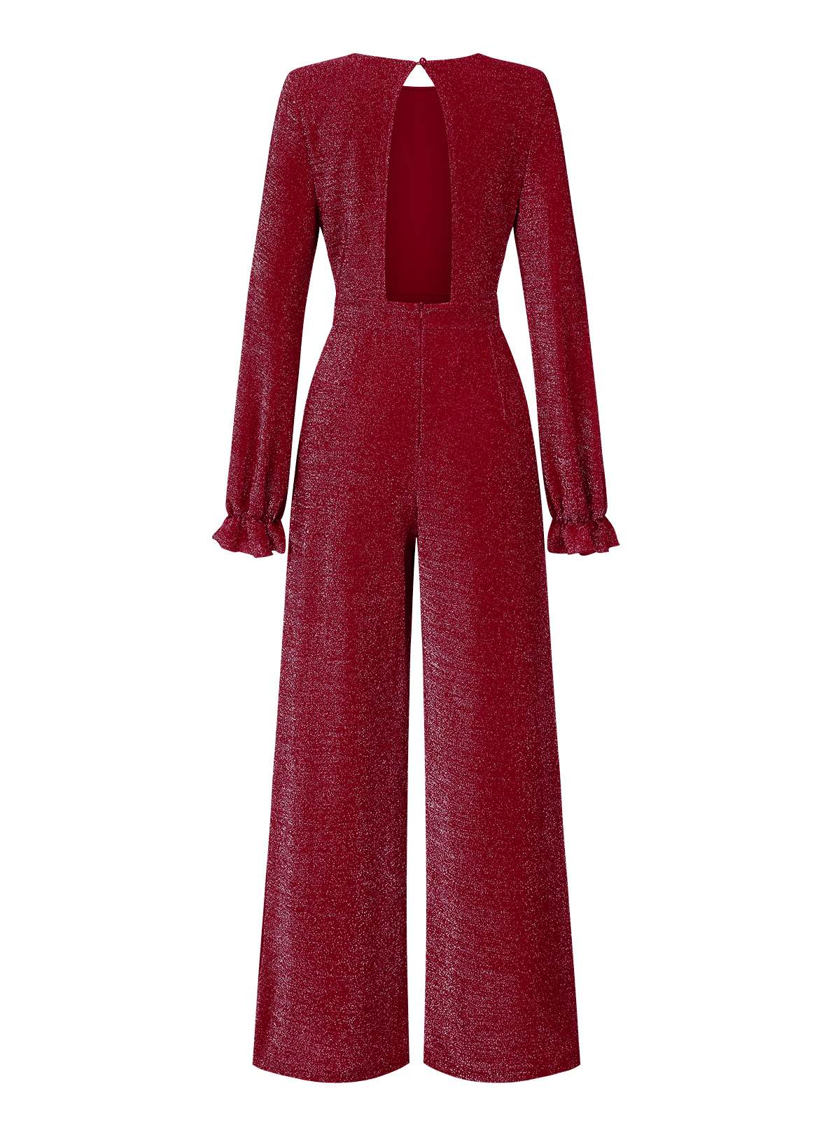Wine Red 1930s Glitter Backless Wide-Leg Jumpsuit - Image 2