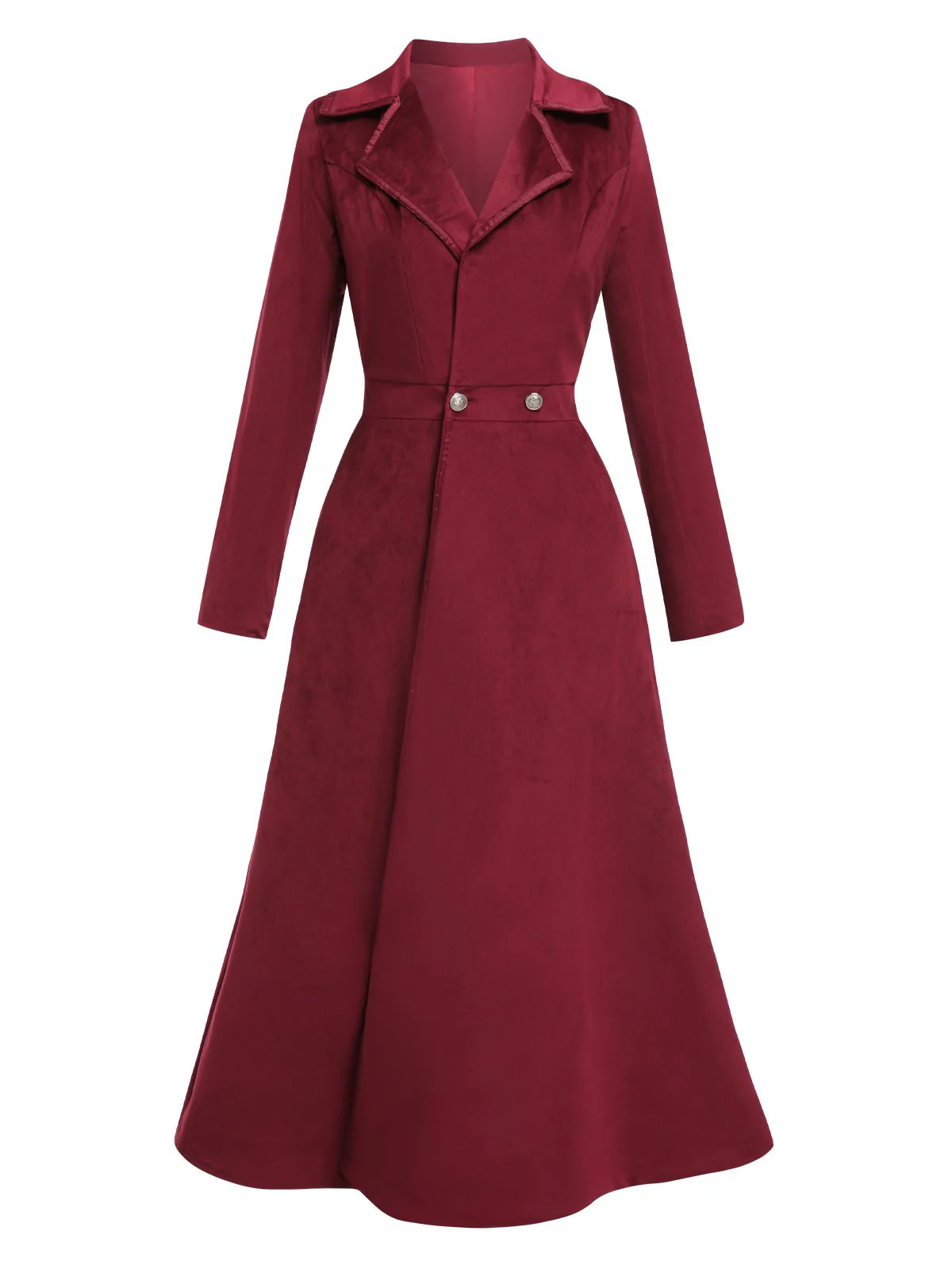 Wine Red 1930s Solid Suede Lapel Long Coat - Image 2