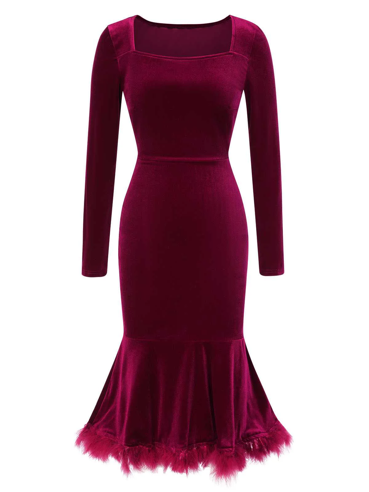 Wine Red 1930s Squared Neck Velvet Mermaid Dress - Image 2