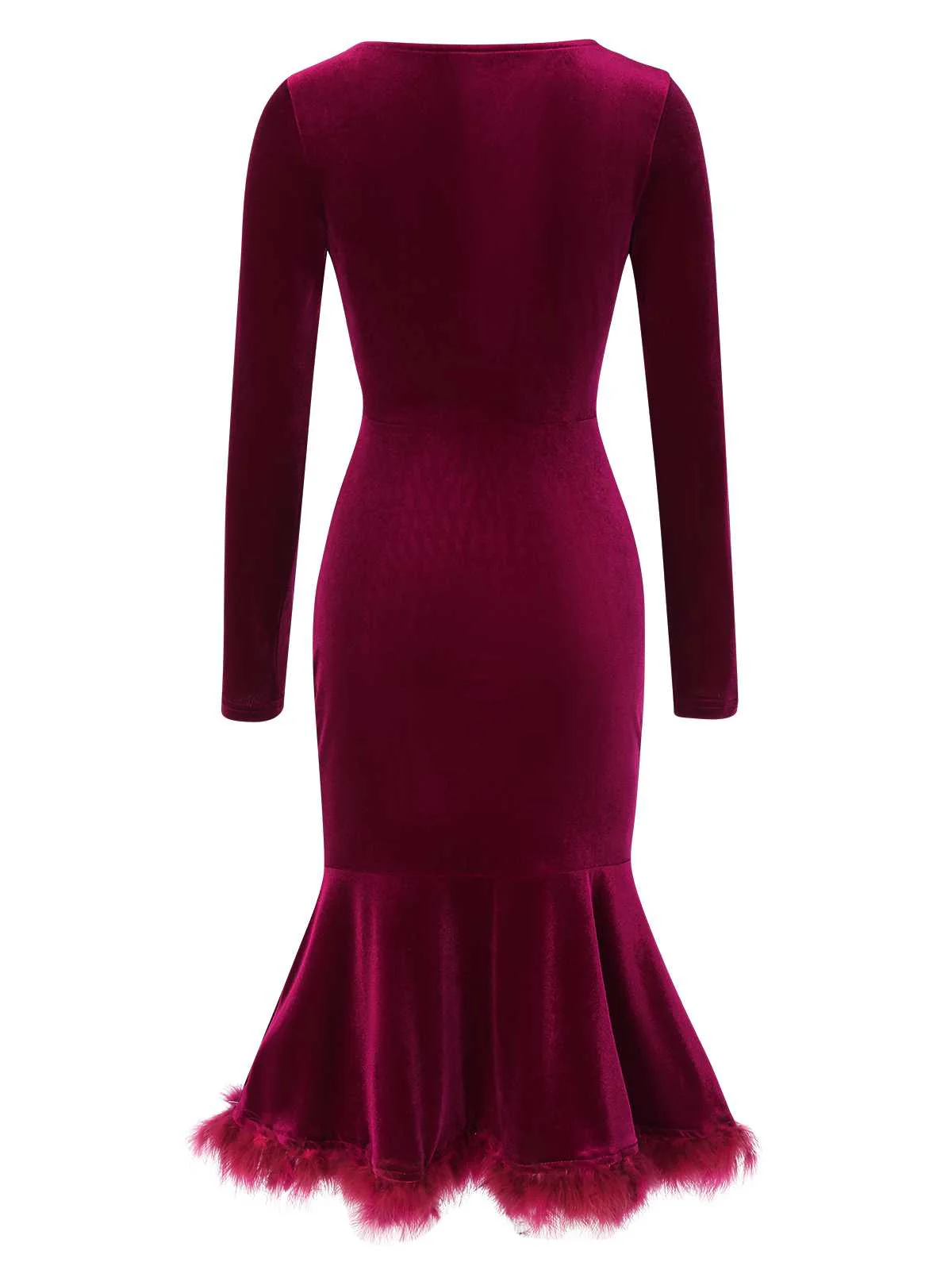Wine Red 1930s Squared Neck Velvet Mermaid Dress - Image 3