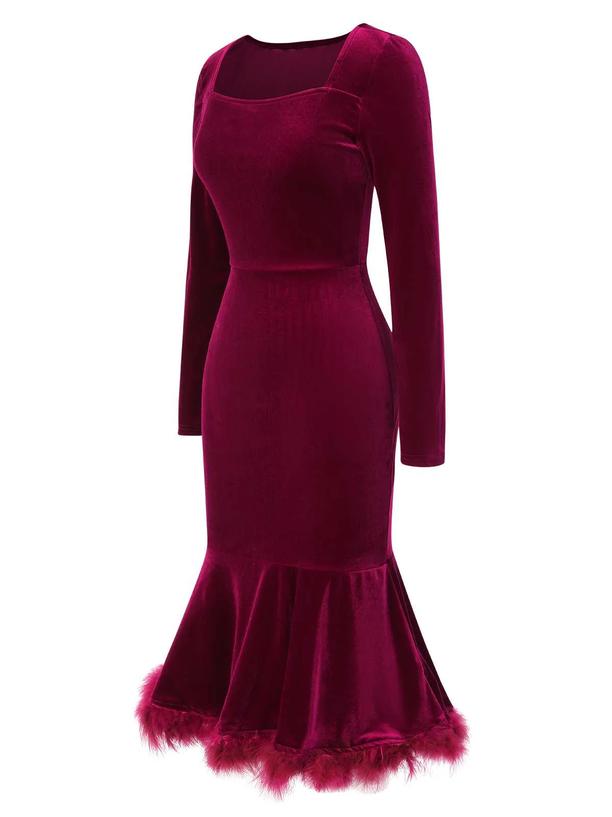 Wine Red 1930s Squared Neck Velvet Mermaid Dress - Image 4