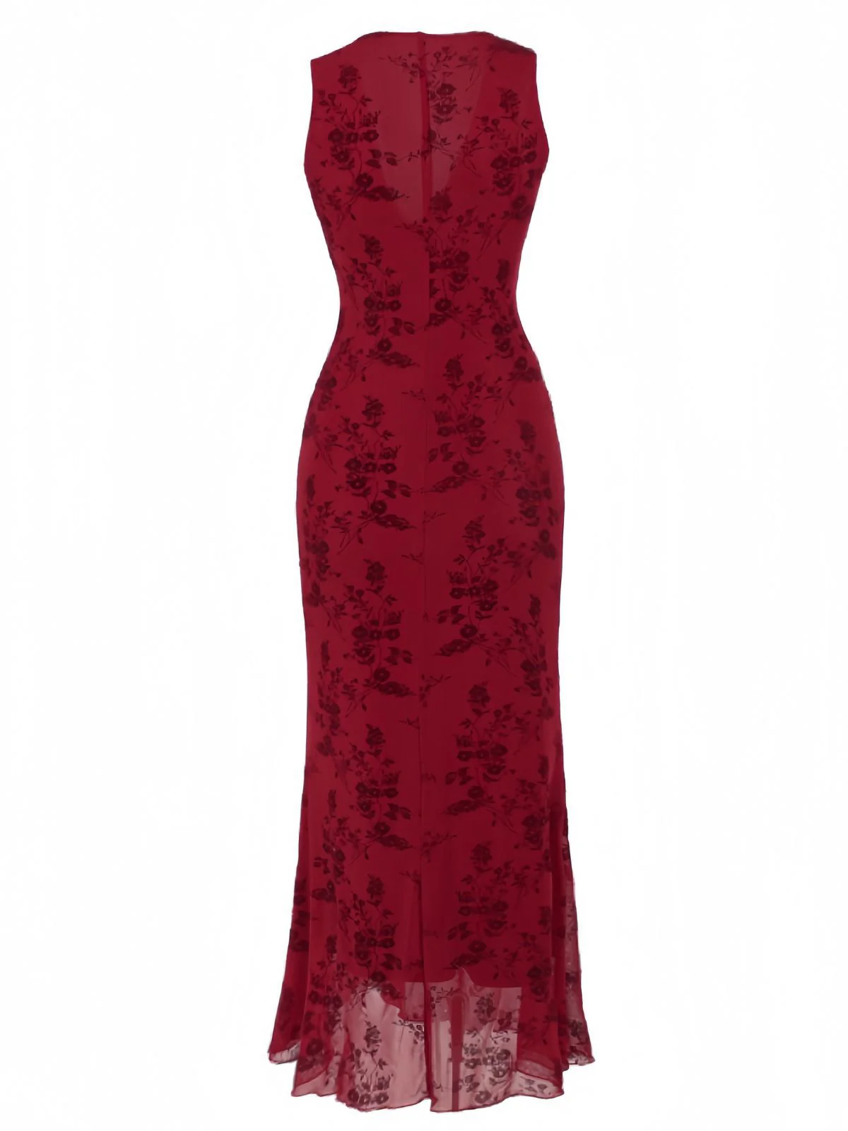 Wine Red 1930s V-Neck Floral Mesh Dress - Image 2
