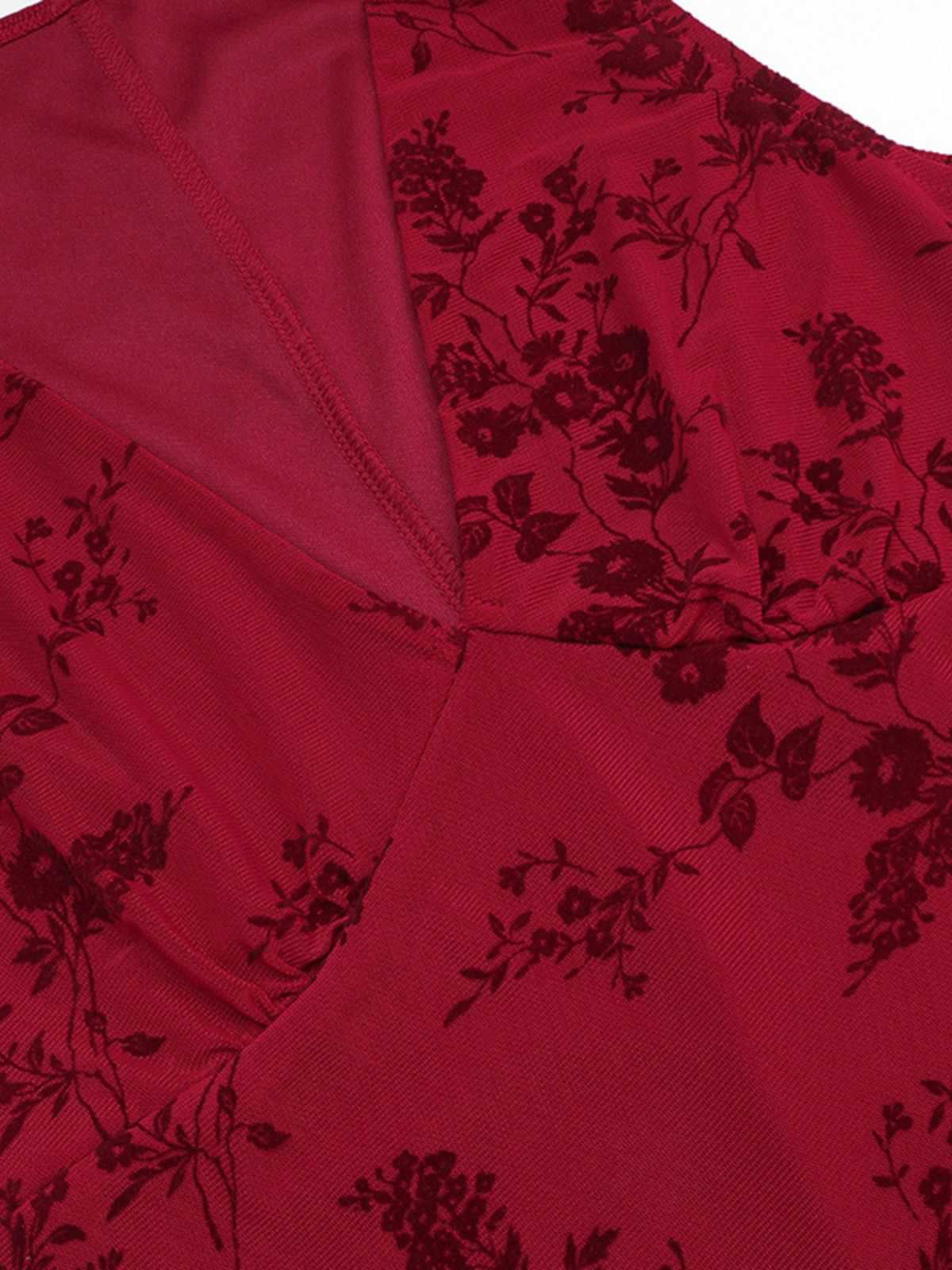 Wine Red 1930s V-Neck Floral Mesh Dress - Image 3