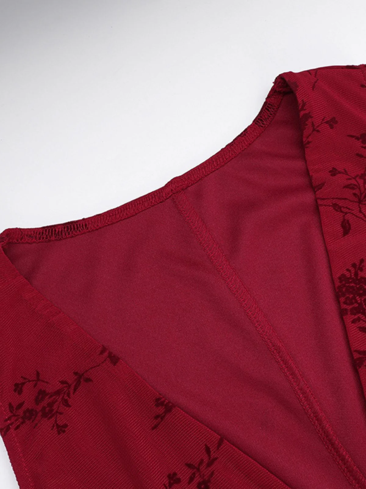 Wine Red 1930s V-Neck Floral Mesh Dress - Image 4