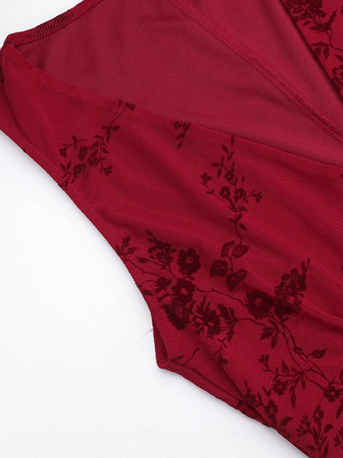 Wine Red 1930s V-Neck Floral Mesh Dress - Image 5