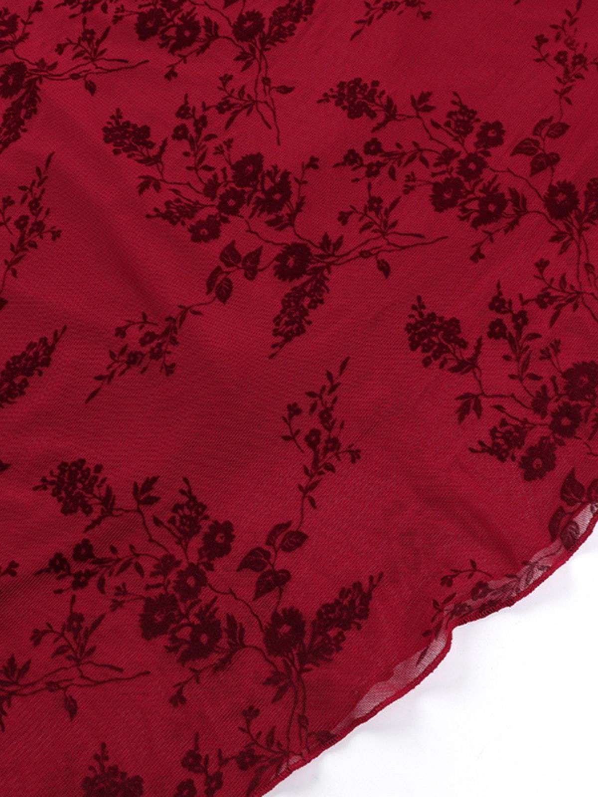 Wine Red 1930s V-Neck Floral Mesh Dress - Image 8