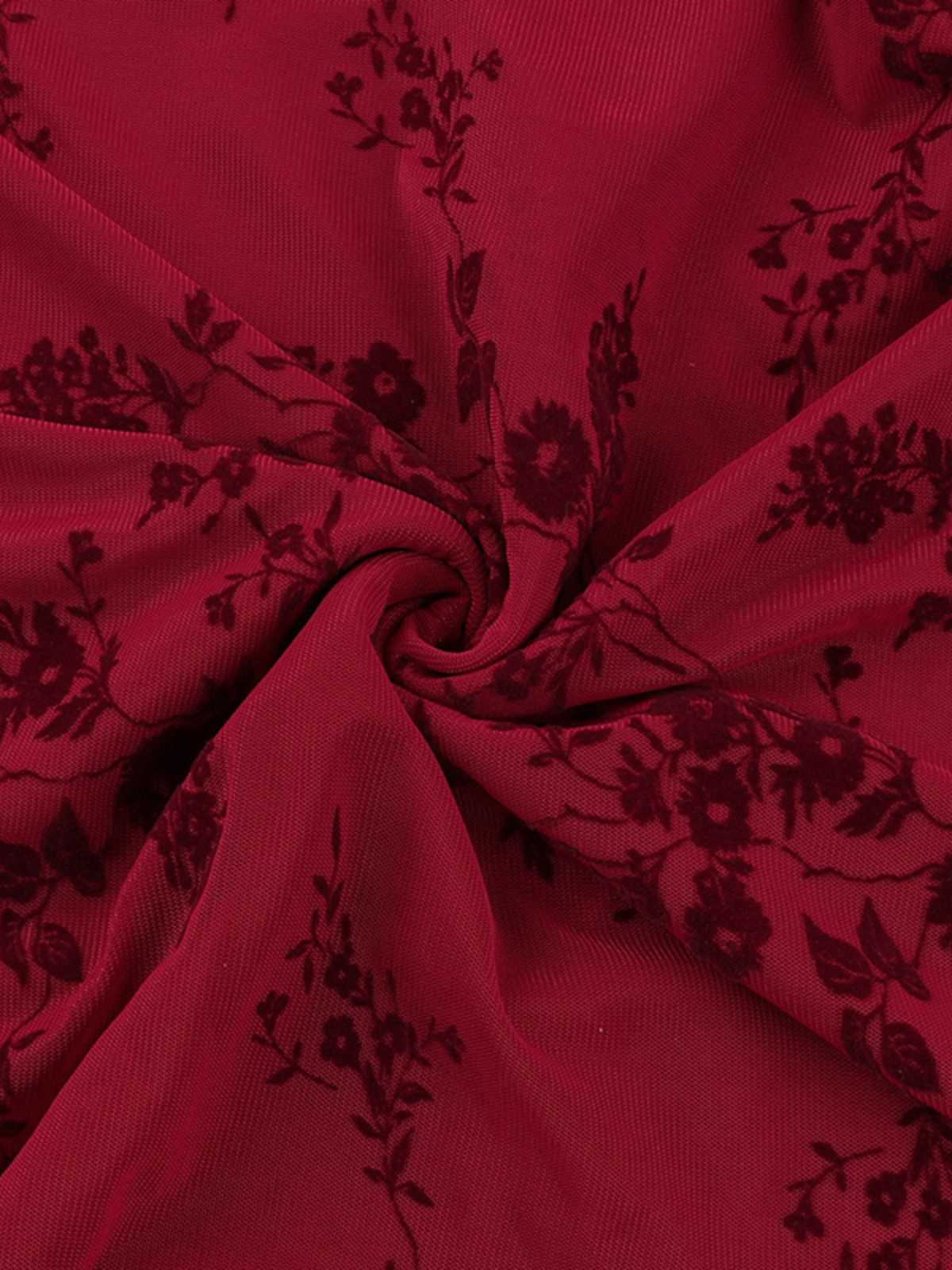 Wine Red 1930s V-Neck Floral Mesh Dress - Image 9
