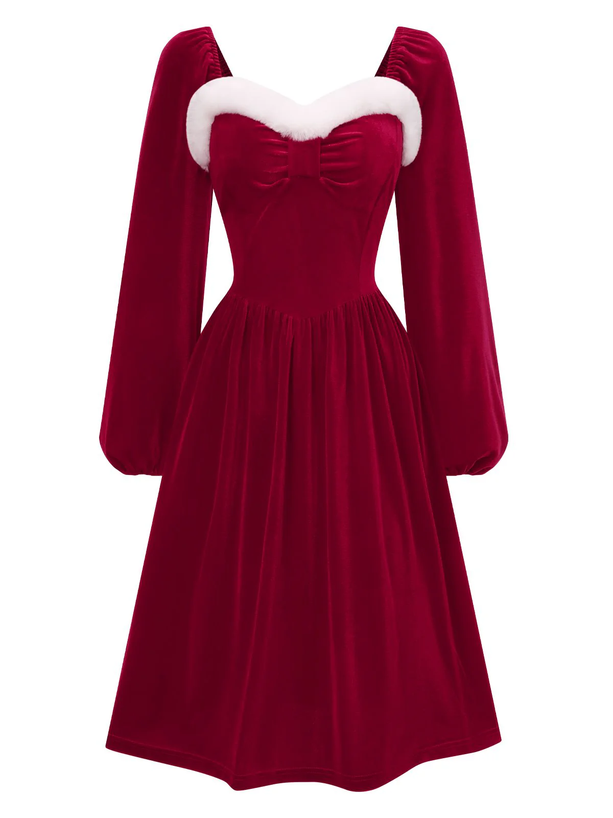 Wine Red 1940s Christmas Fur Collar Solid Dress - Image 2