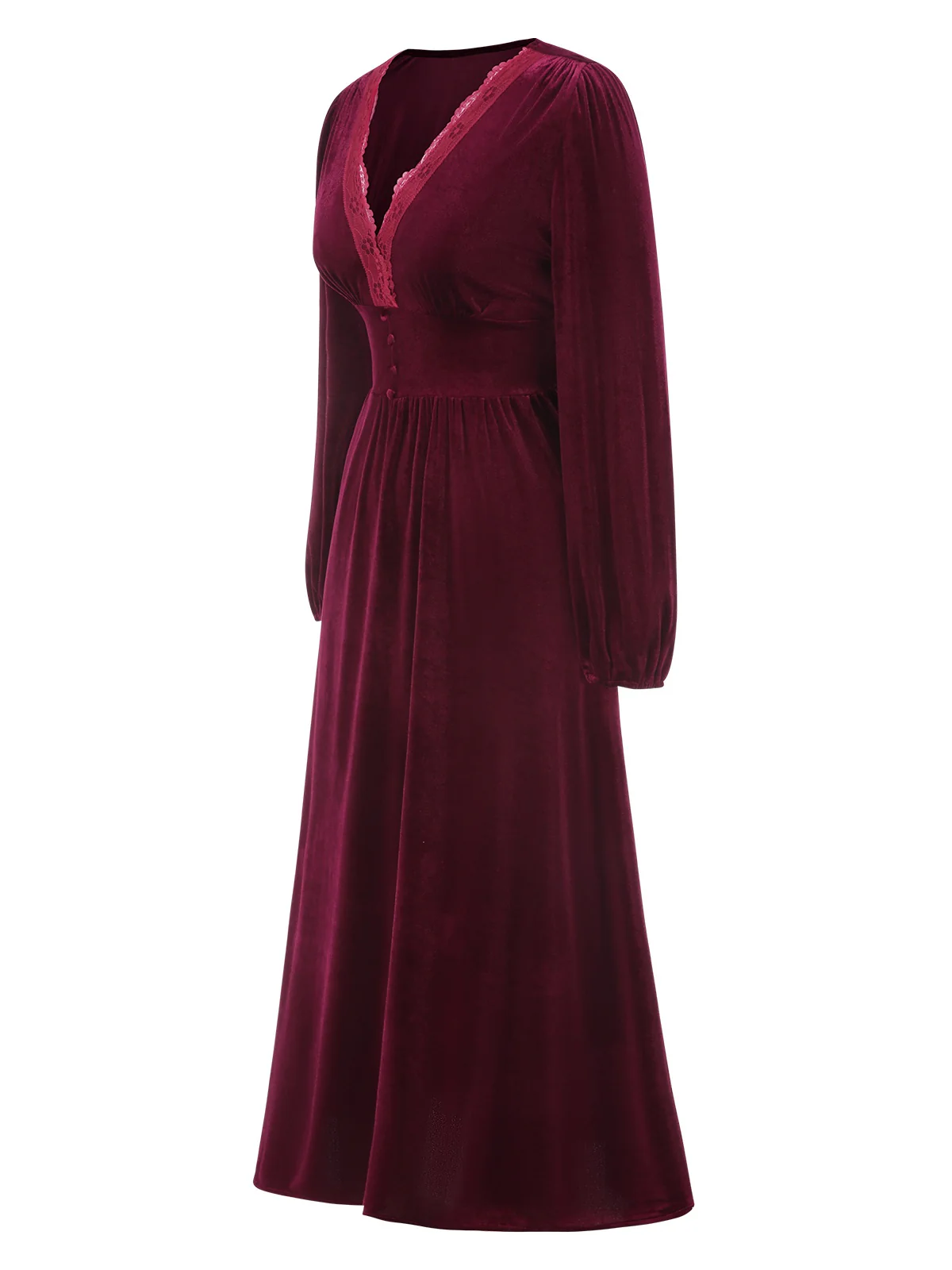 Wine Red 1940s Lace Trim Velvet Dress - Image 3