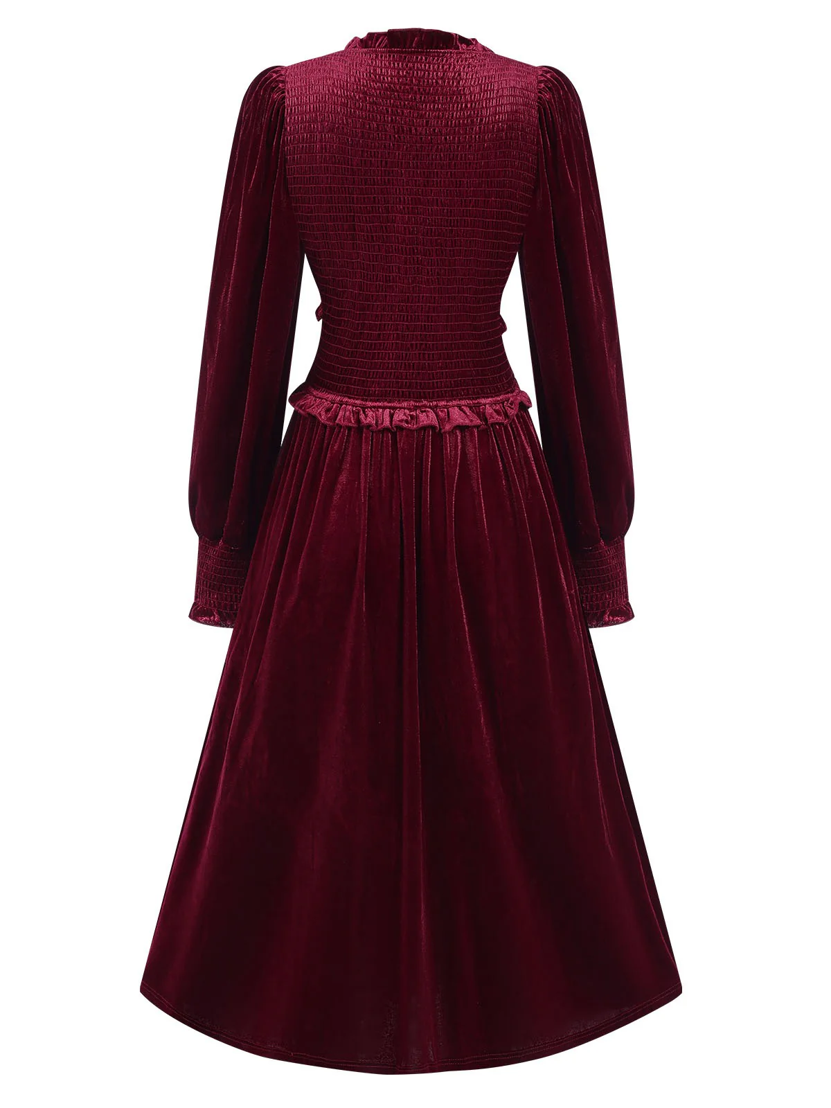 Wine Red 1940s Long Sleeves Velvet Ruched Dress - Image 2