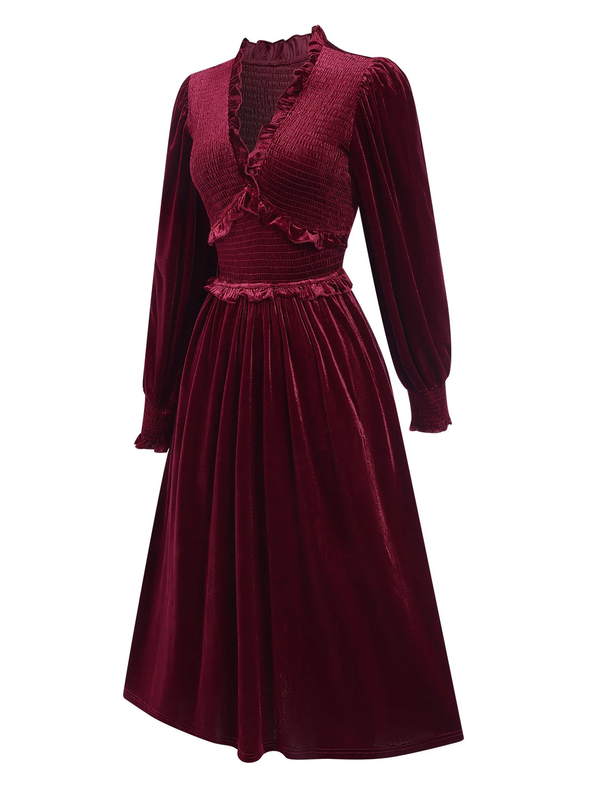 Wine Red 1940s Long Sleeves Velvet Ruched Dress - Image 3