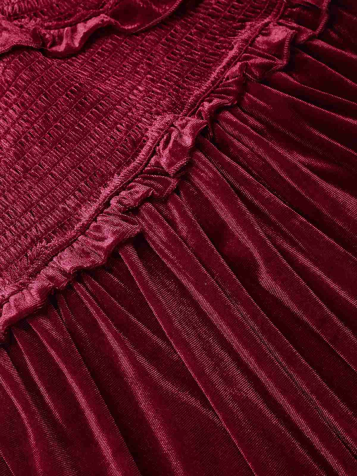 Wine Red 1940s Long Sleeves Velvet Ruched Dress - Image 5