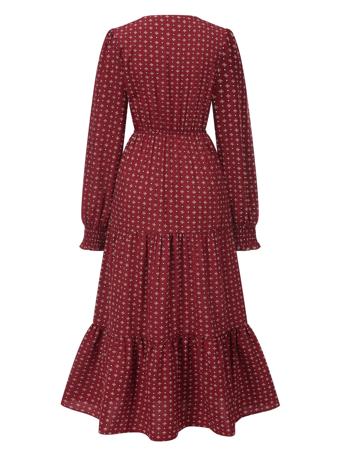 Wine Red 1940s Ruffled Long Sleeve Printed Dress - Image 2