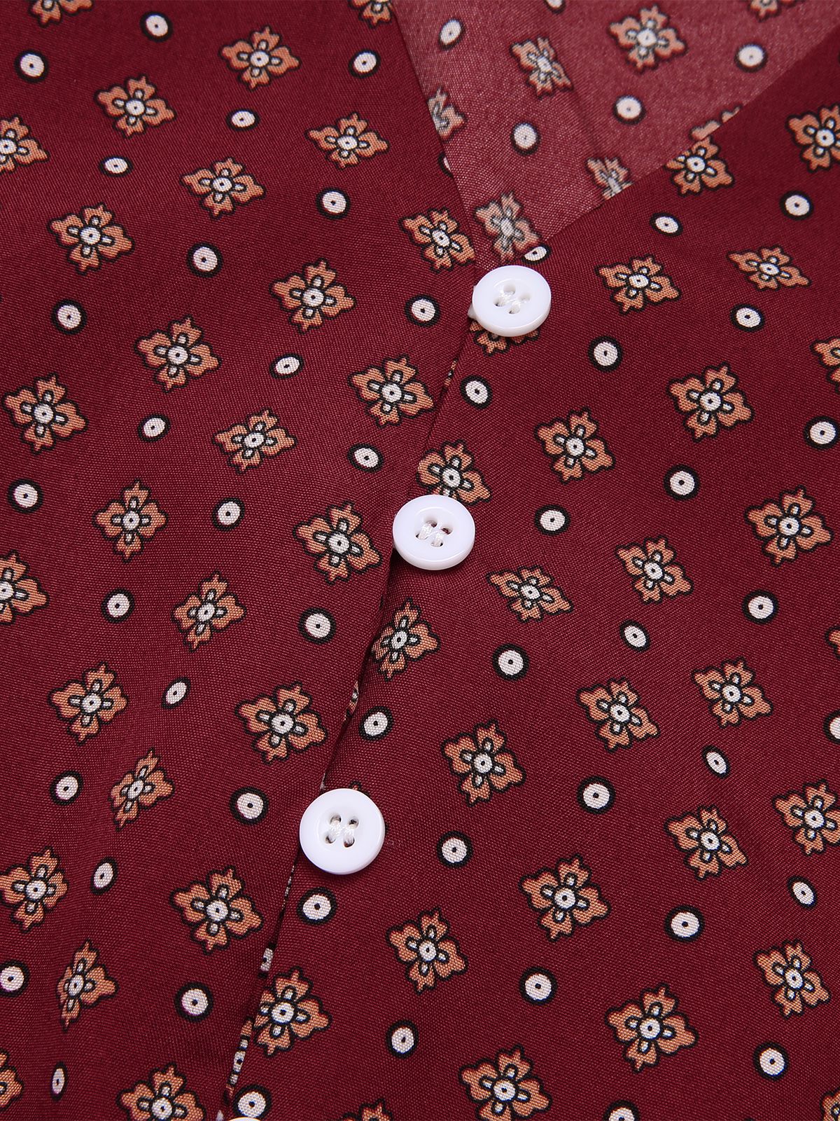 Wine Red 1940s Ruffled Long Sleeve Printed Dress - Image 3