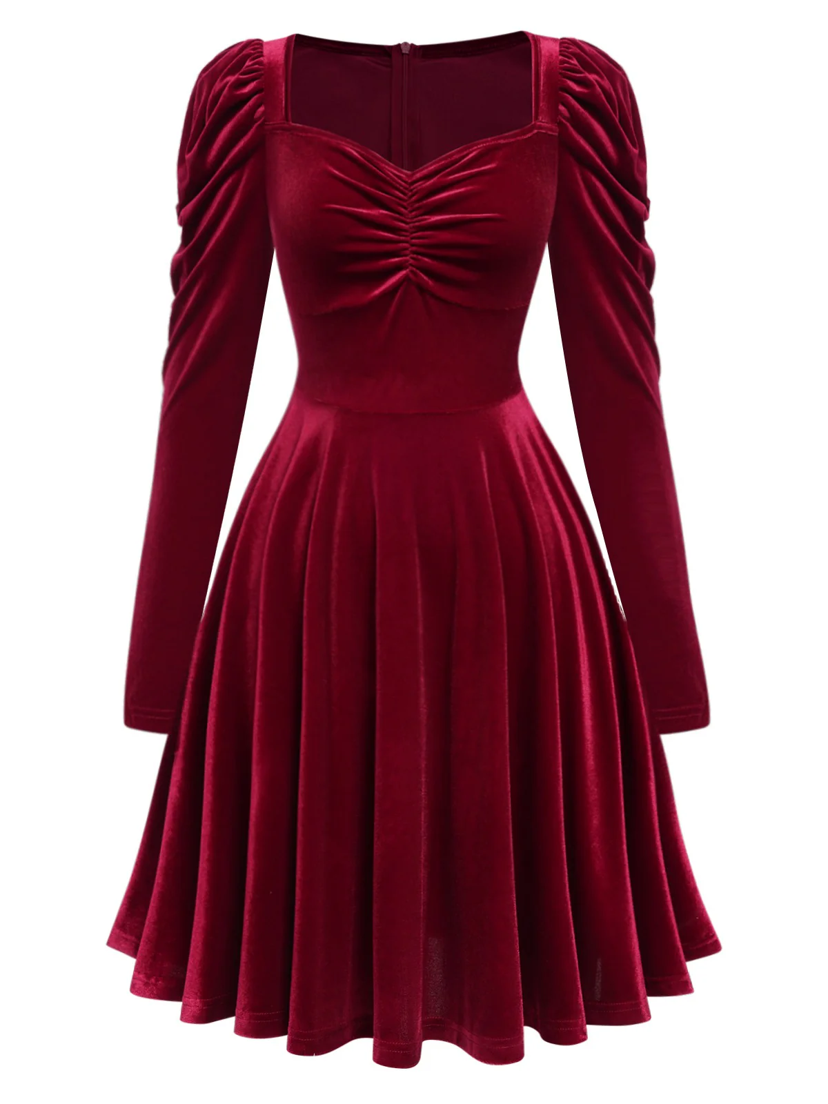 Wine Red 1940s Solid Velvet Puff Dress - Image 2