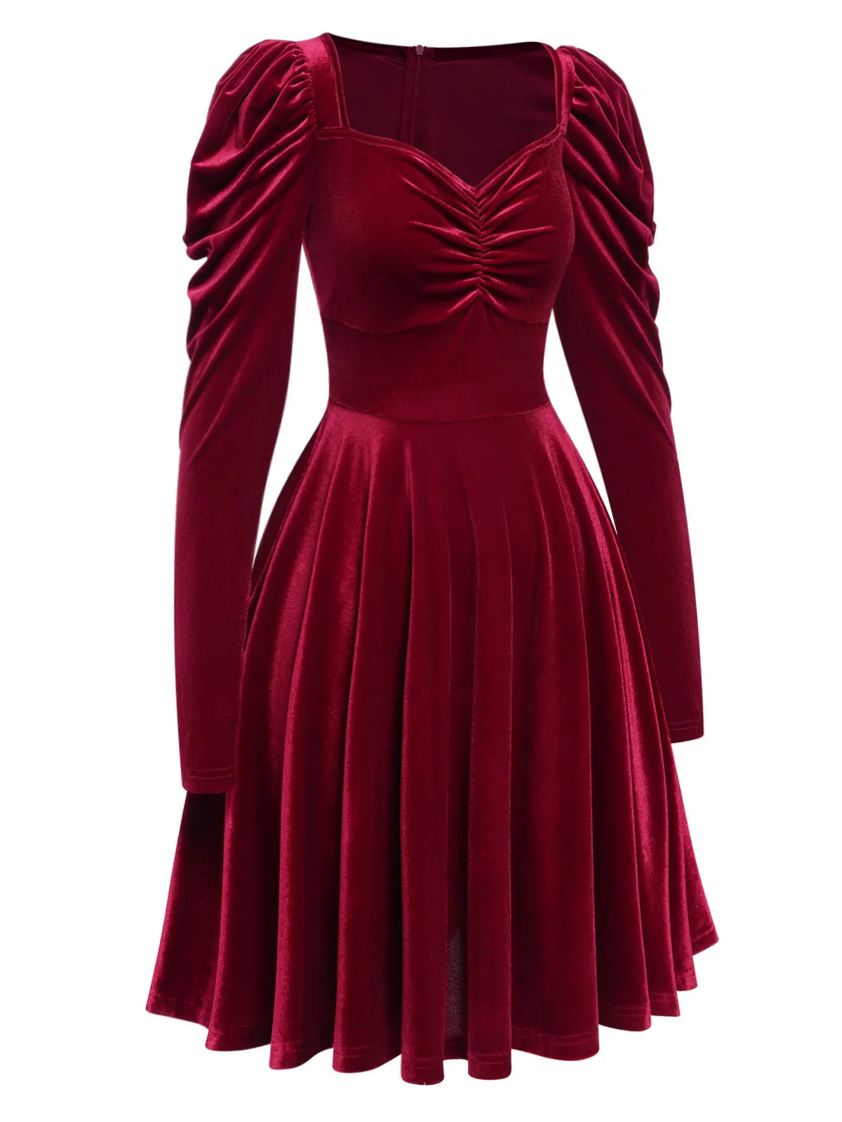 Wine Red 1940s Solid Velvet Puff Dress - Image 3