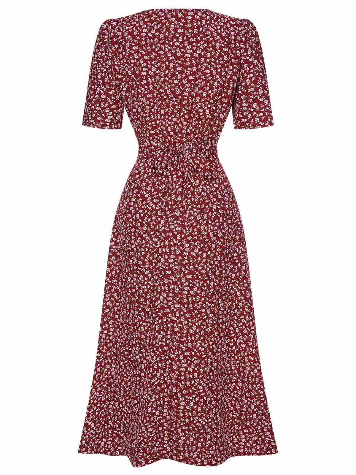 [Pre-Sale] Wine Red 1940s V-Neck Ditsy Floral Dress - Image 2