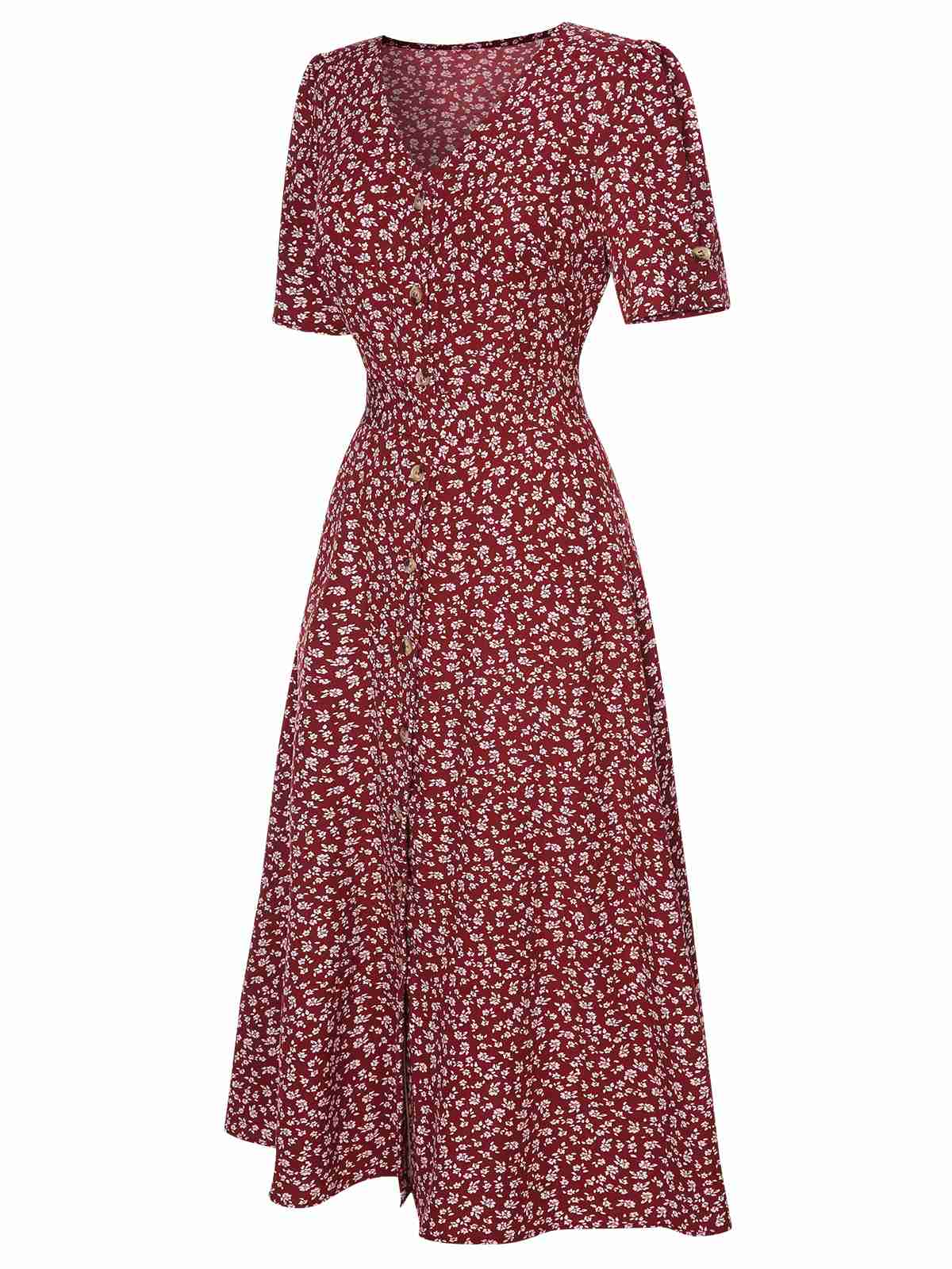 [Pre-Sale] Wine Red 1940s V-Neck Ditsy Floral Dress - Image 3
