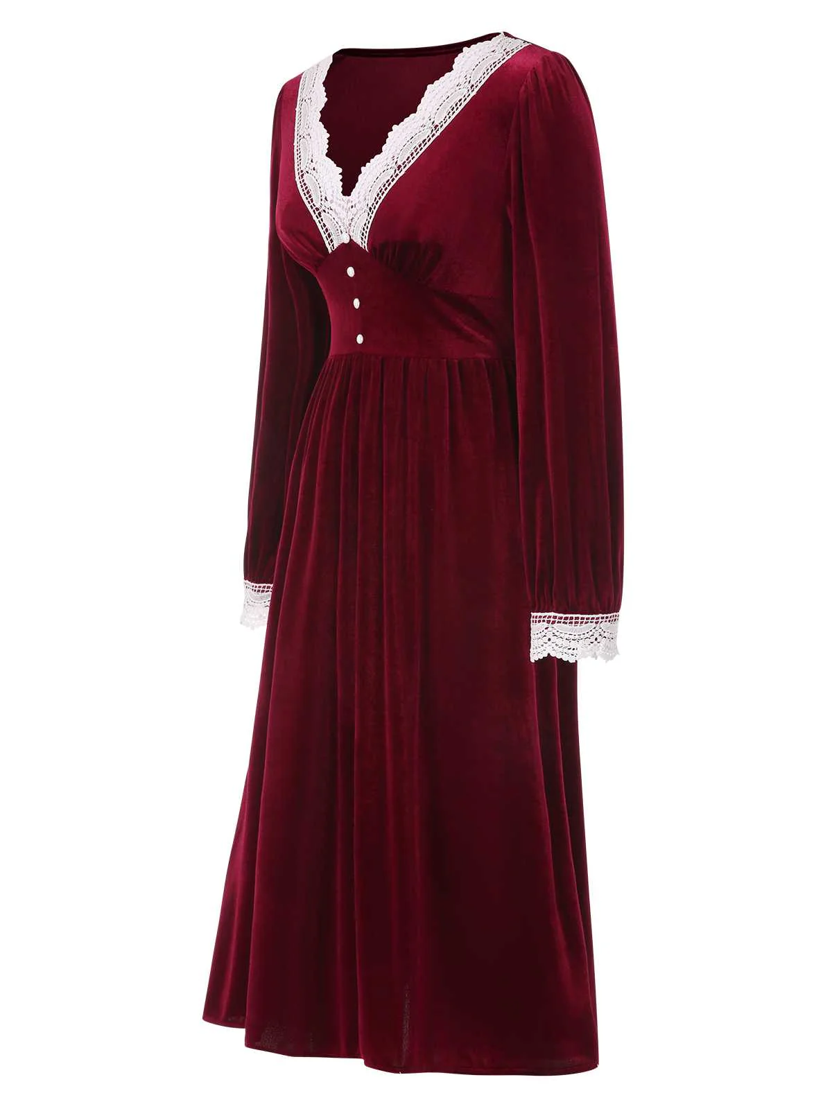 Wine Red 1940s V-Neck Velvet Lace Dress - Image 2