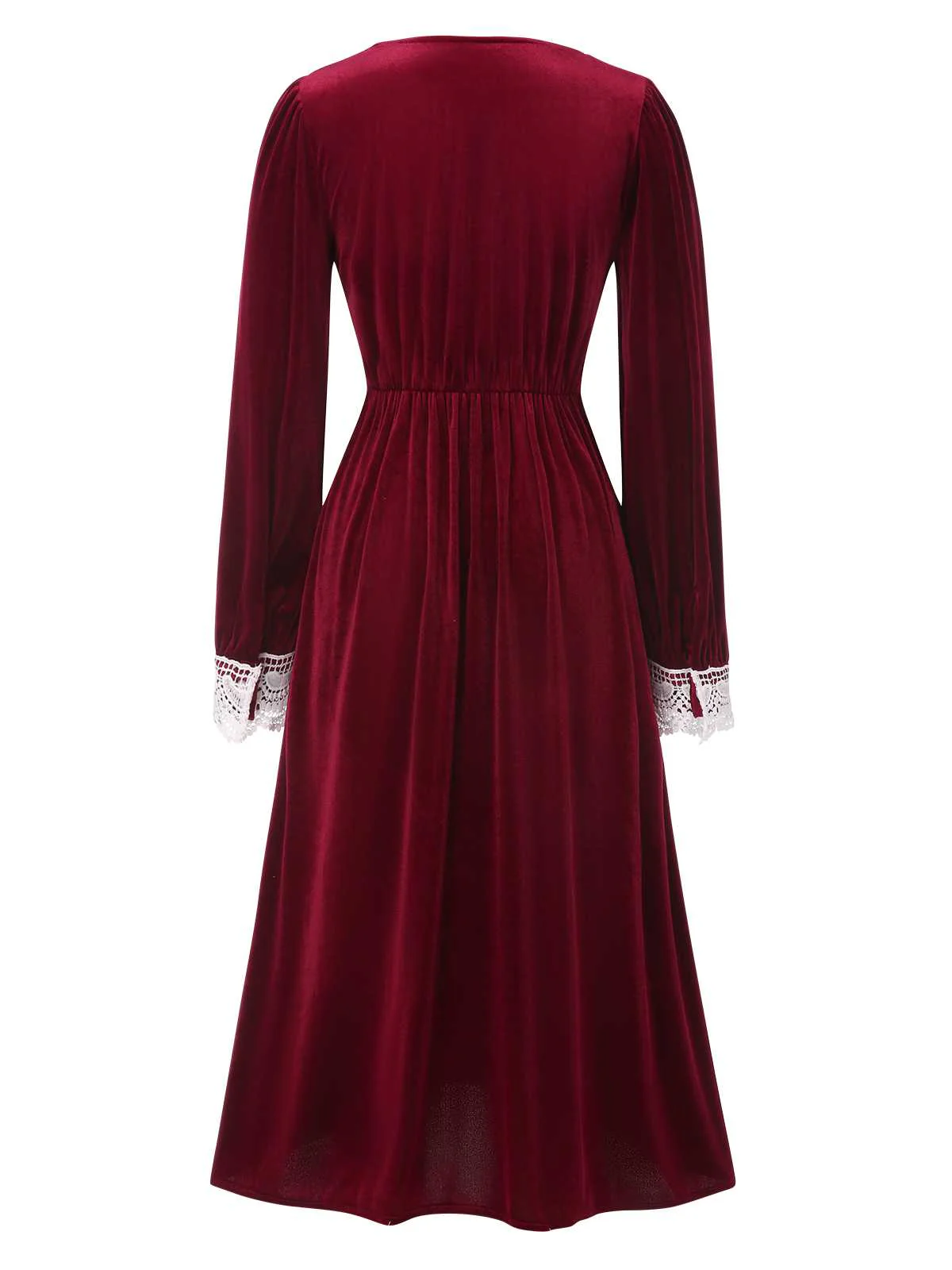 Wine Red 1940s V-Neck Velvet Lace Dress - Image 3