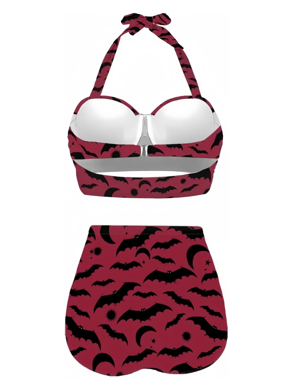 Wine Red 1950s Bat Print Lace-Up Halter Swimsuit - Image 2