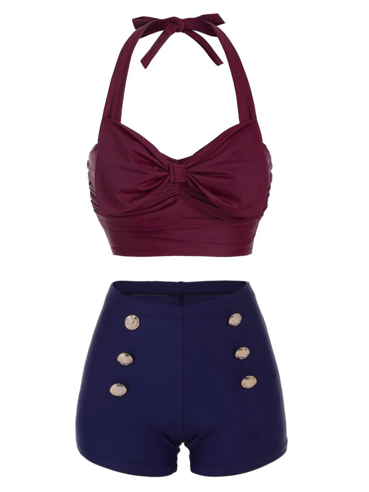 Wine Red 1950s Bow Halter Bikini Set - Image 2