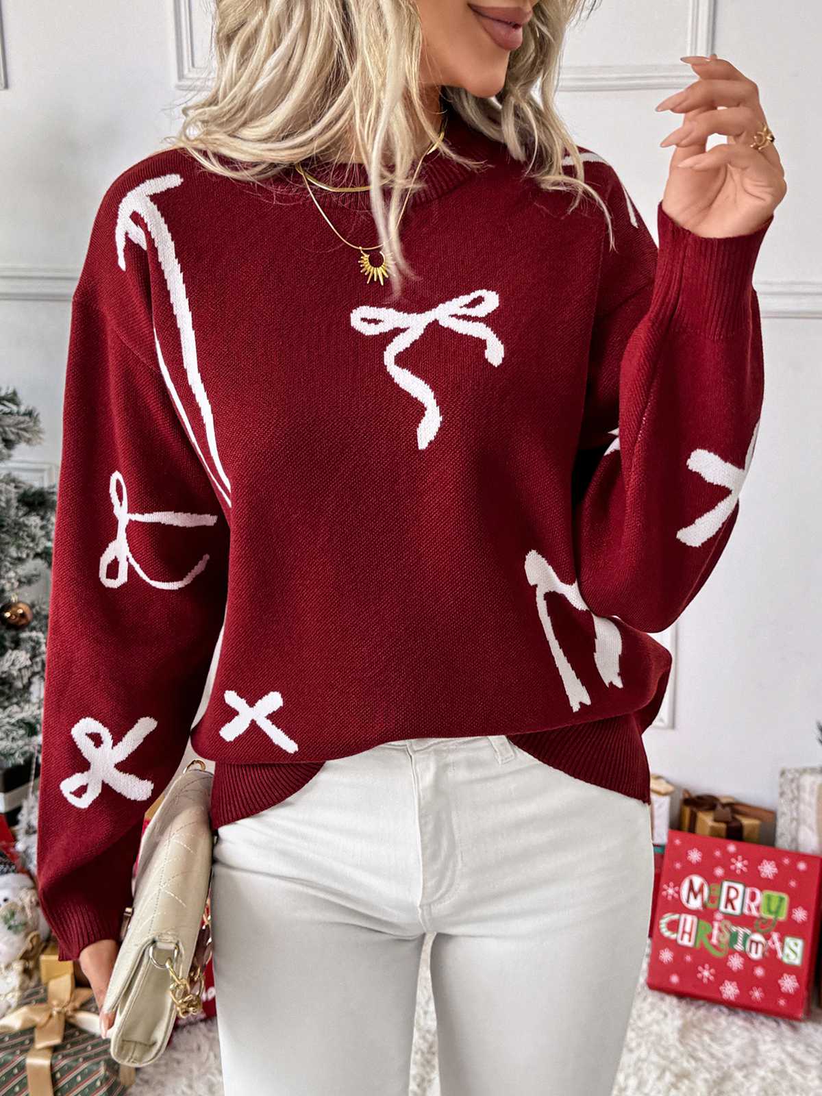 Wine Red 1950s Bowknot Pattern Sweater - Image 3